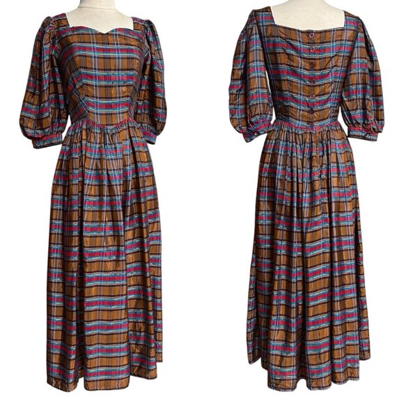 Finishing Touches Dresses & Skirts - 70s vintage plaid puff sleeve dress cottage victorian sweetheart Maxi acetate.